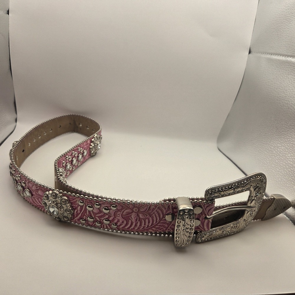 Blazin' Roxx Pink Floral Embossed Leather Western Belt Rhinestones Studs Size M